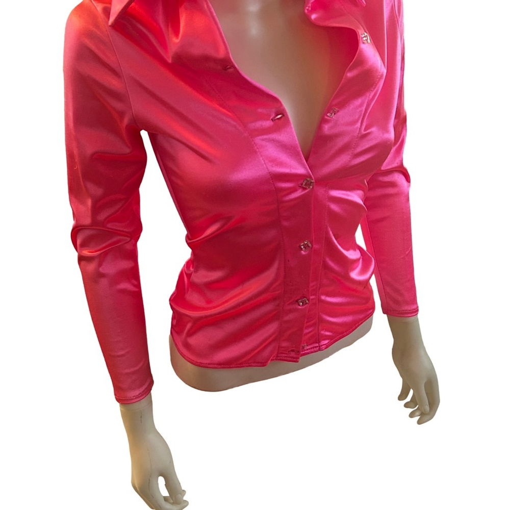 Deviations Vintage Hot Pink Barbie Top Button Down Small Rare Crystal Bead